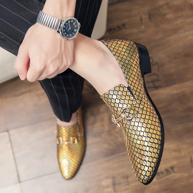 High-end banquet shoes, luxurious gold, pointed toe in genuine leather, large sizes: 38-48 LADYLYS
