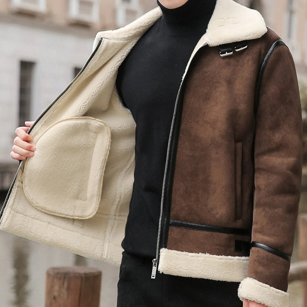 Men's PU Leather Jacket – Faux Fur Collar, Fleece-Lined, Windproof, Korean Slim Fit