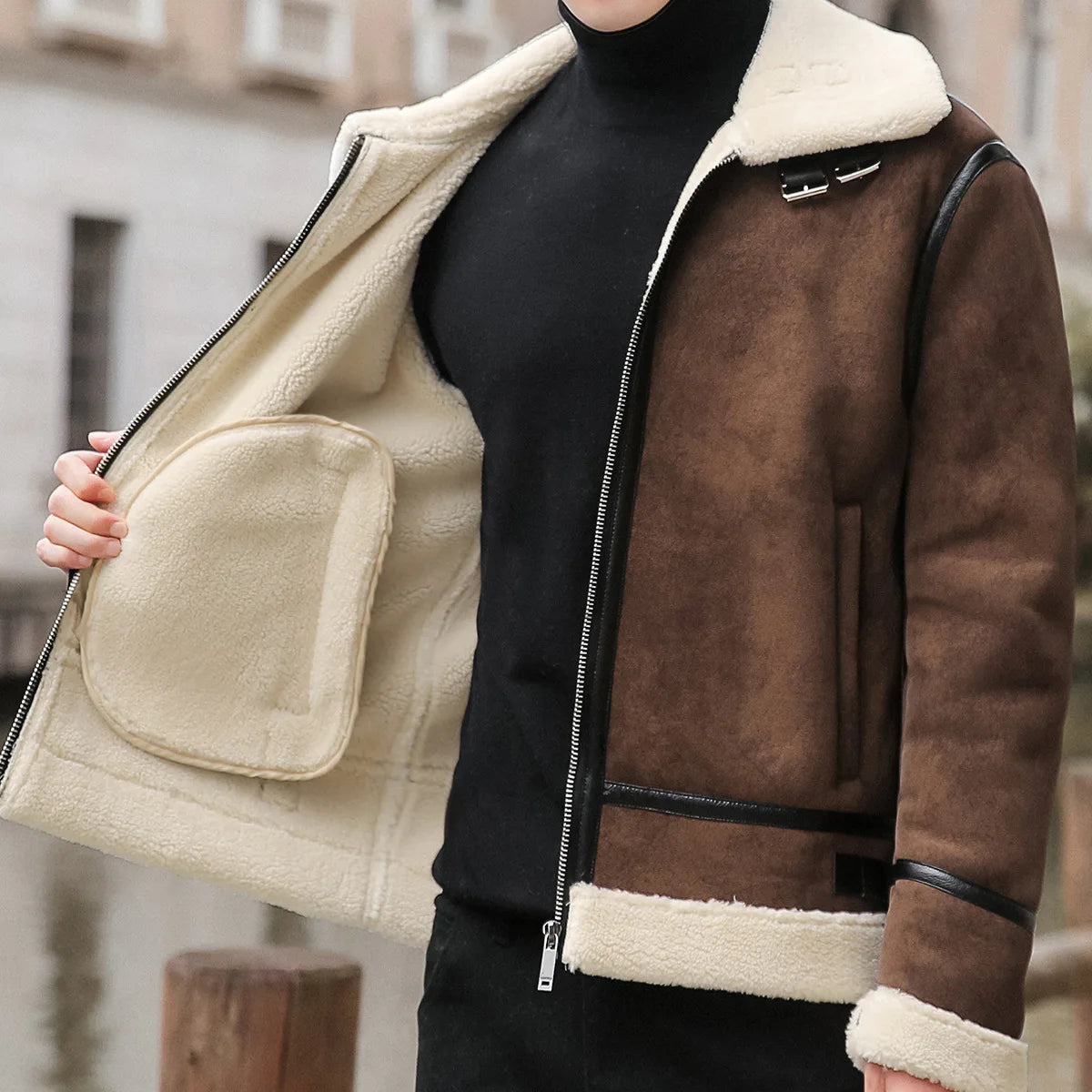 Men's PU Leather Jacket – Faux Fur Collar, Fleece-Lined, Windproof, Korean Slim Fit