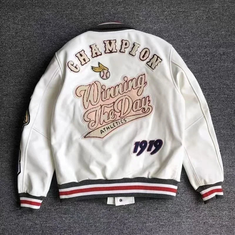 Men's Embroidered Varsity Bomber Jacket — PU Leather Baseball Coat | Unisex Streetwear