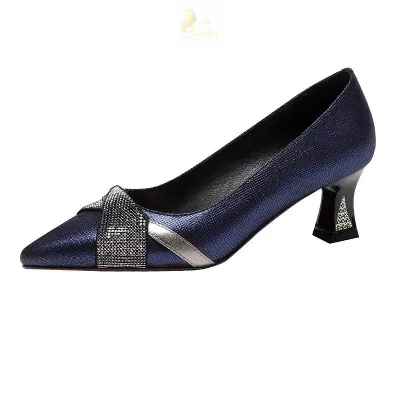 Cute Sweet Navy Blue High Quality Floral Crystal Comfort Pumps Lady Fashion LADYLYS
