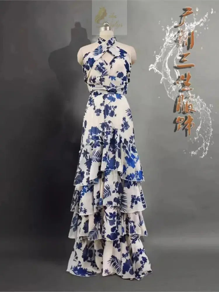 Elegant Womens Dress Floral Print Halter Neck Leace-up Off Shoulder LADYLYS