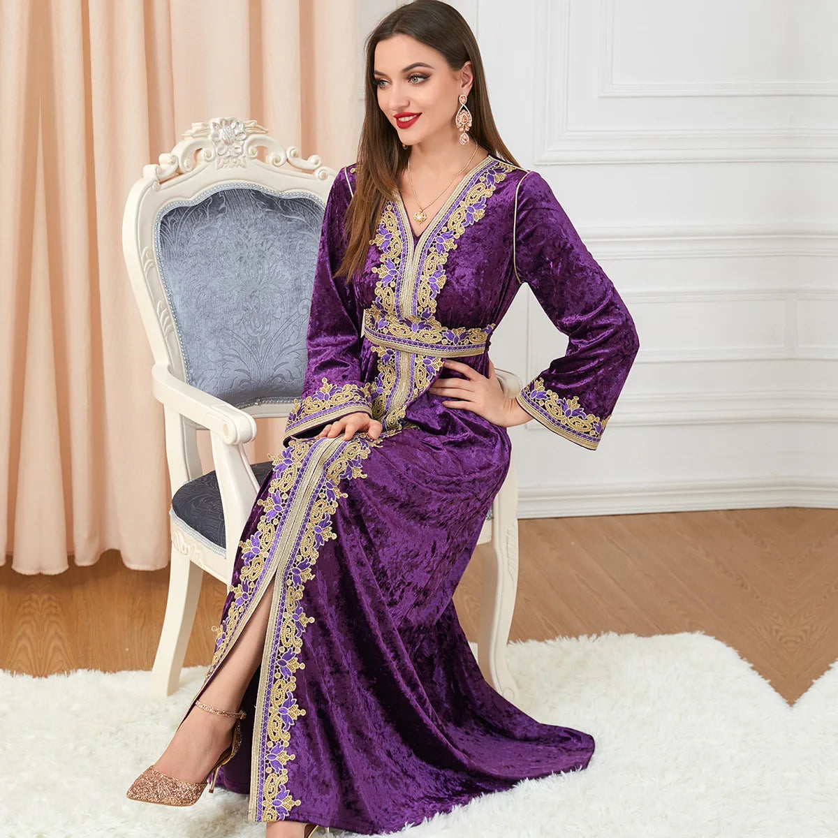 Robe en velours mode Dubaï en aval à manches longues fente Matutina-Chic