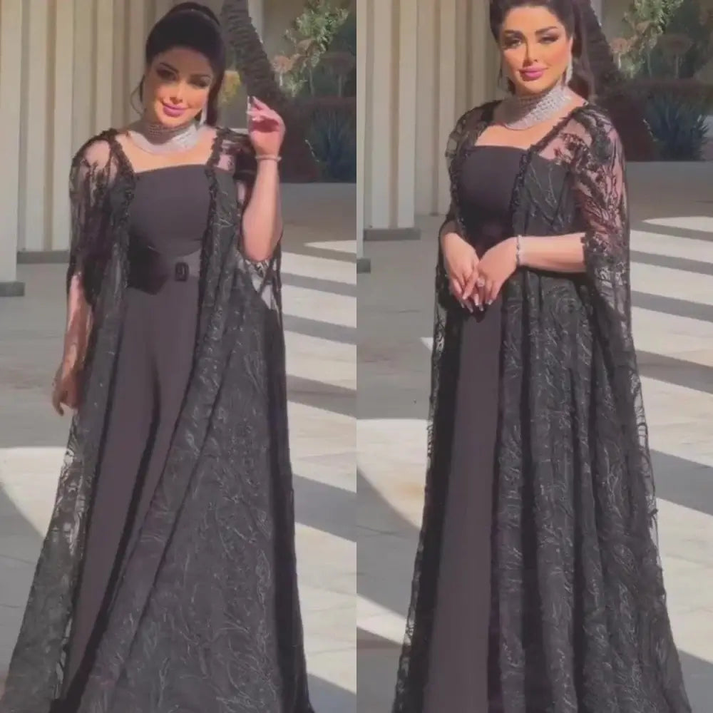 Chiffon A-Line Formal Gown with Square Neck and Lace Stole