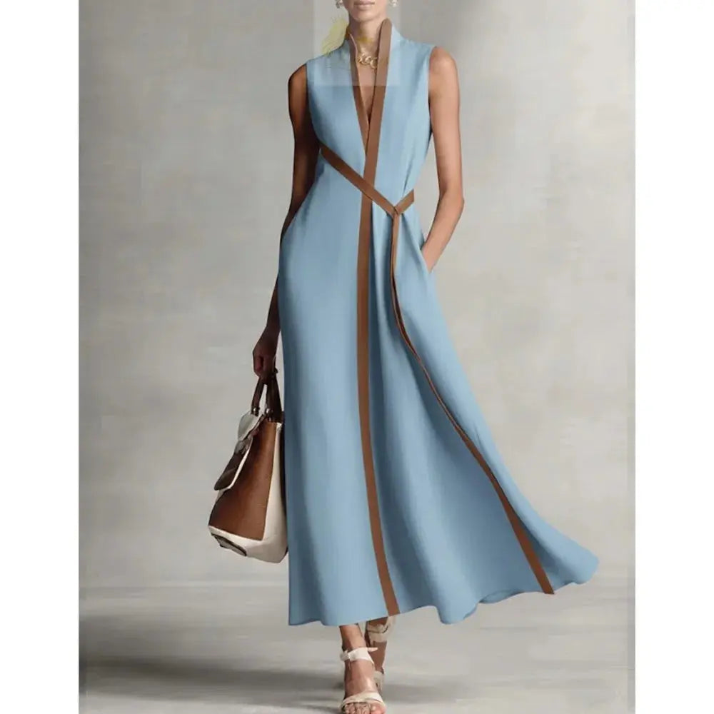 Retro Striped Splicing Cotton Linen Sleeveless Women's Dress Temperament LADYLYS