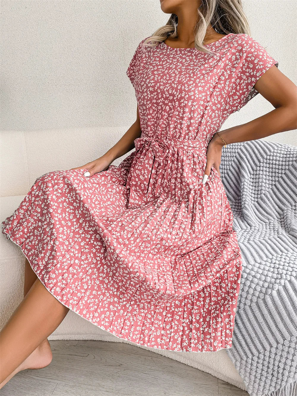 Summer Short Sleeve High Waist Chic Dress Fashion Floral Pleated A Line Long Dress LADYLYS