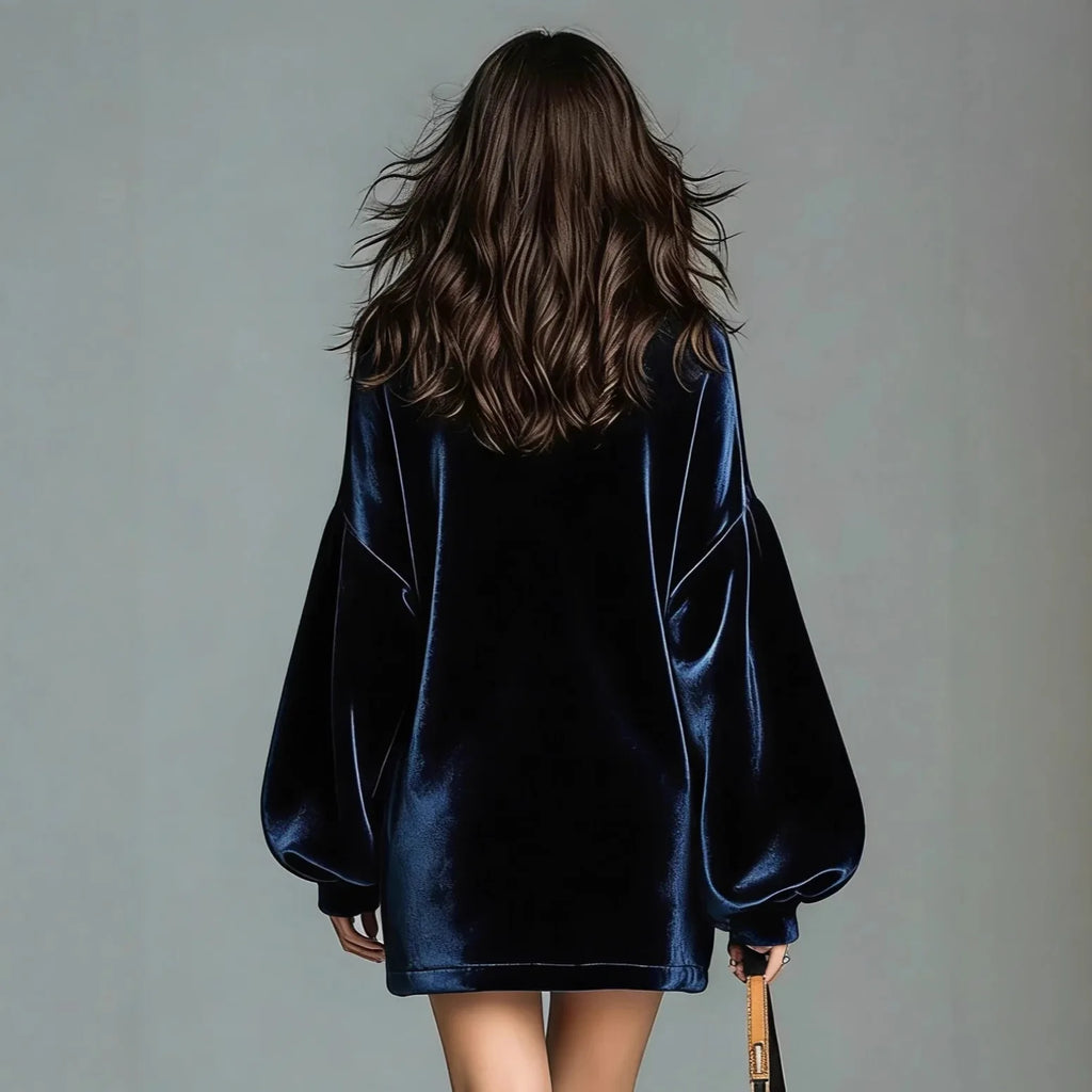 Women's Royal Blue Velvet Turtleneck Mini Dress