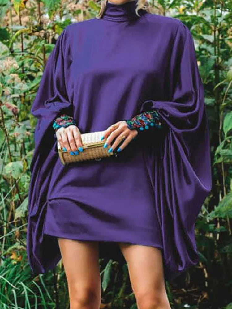 Batwing Sleeve Mini Dress – Turtleneck Loose Fit Patchwork | Casual Holiday & Party