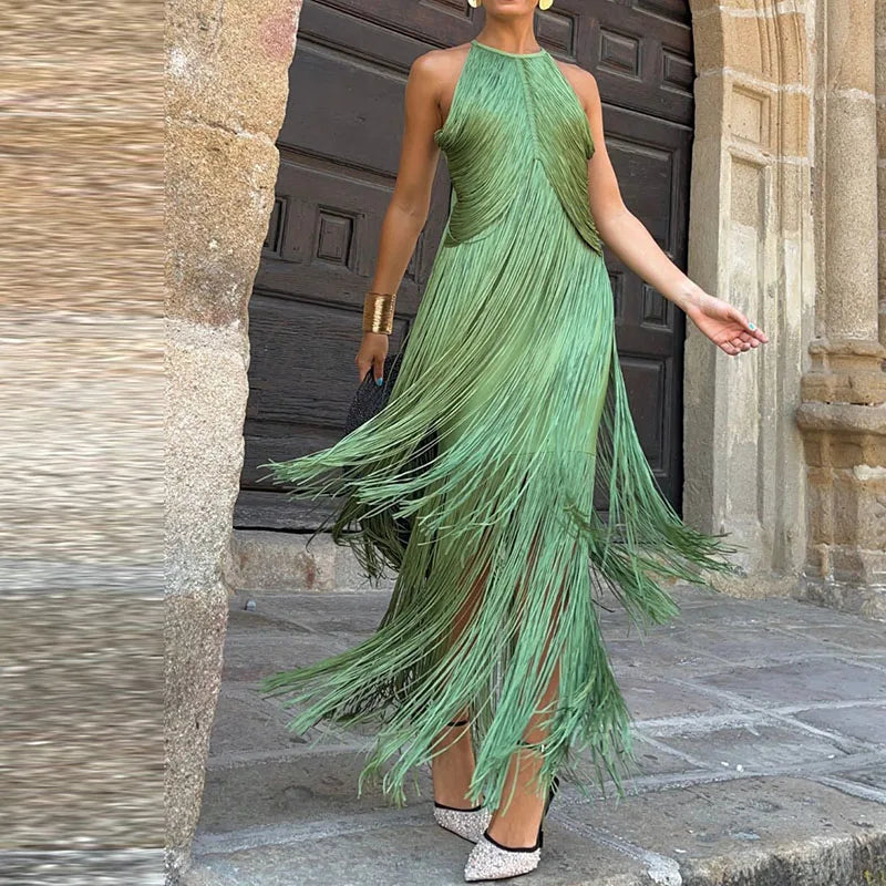 Halter Tassel Long Dress Sexy Off Shoulder Sleeveless Evening Dress Elegant LADYLYS