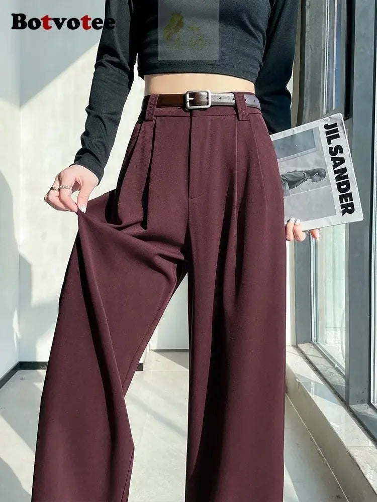 Botvotee Burgundy Suits Pants for Women Office Lady Elegant High Waist Wide Leg LADYLYS