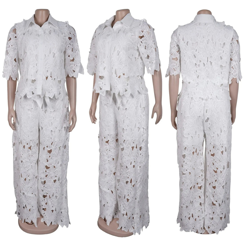 Women's Hollow Lace 2-Piece Set — Streetwear Top & Wide Leg Trousers LADYLYS