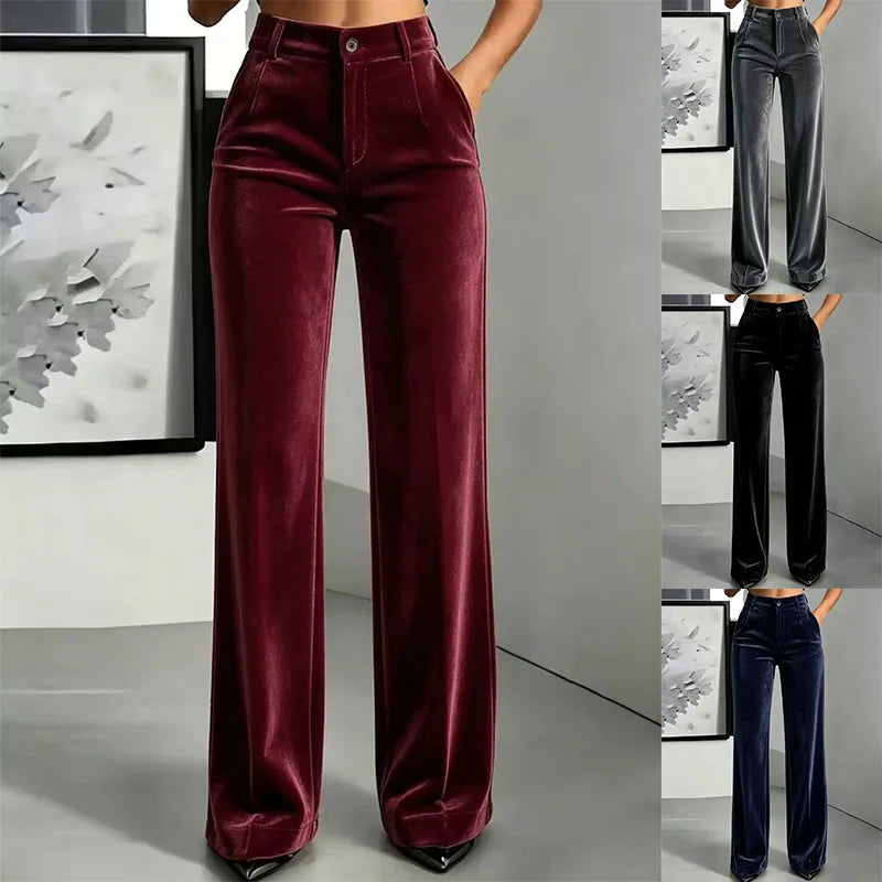 Women's Velvet High-Waist Straight-Leg Trousers