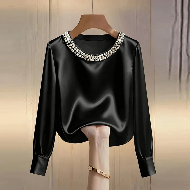 Elegant Satin Shirt Women Spring Autumn Bead Design Long Sleeve Silk Blouse Women Fashion O Neck Loose Pullover Tops LADYLYS