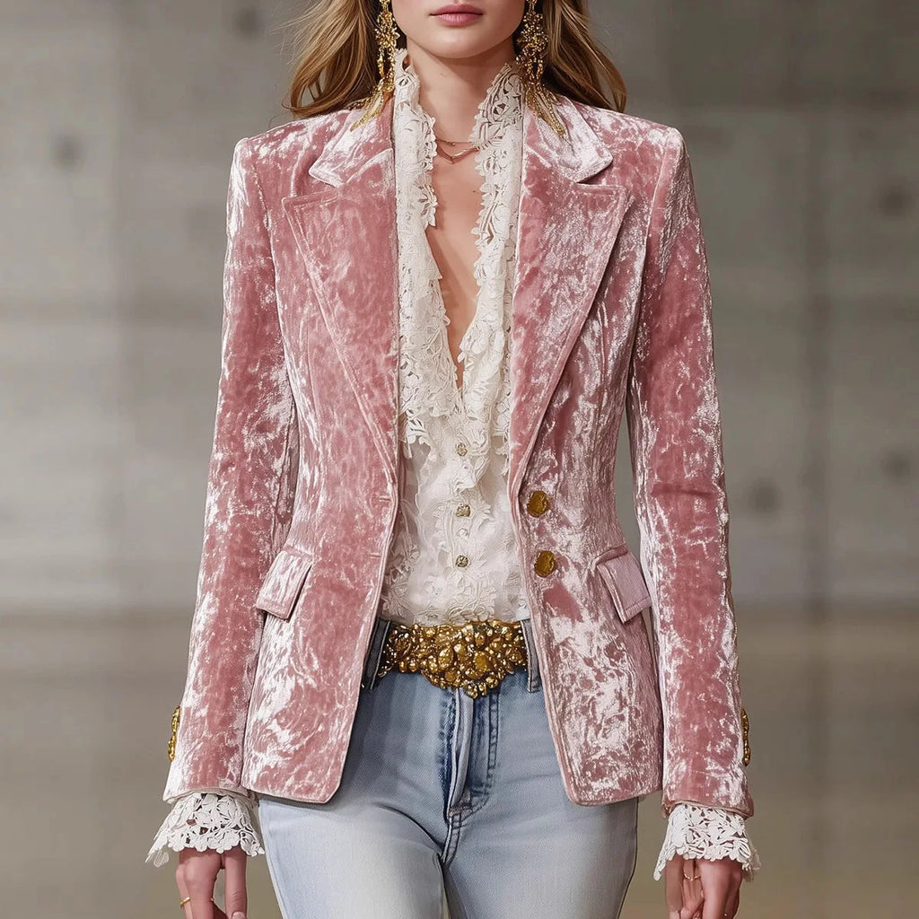 Women's Pink Velvet Single-Button Blazer