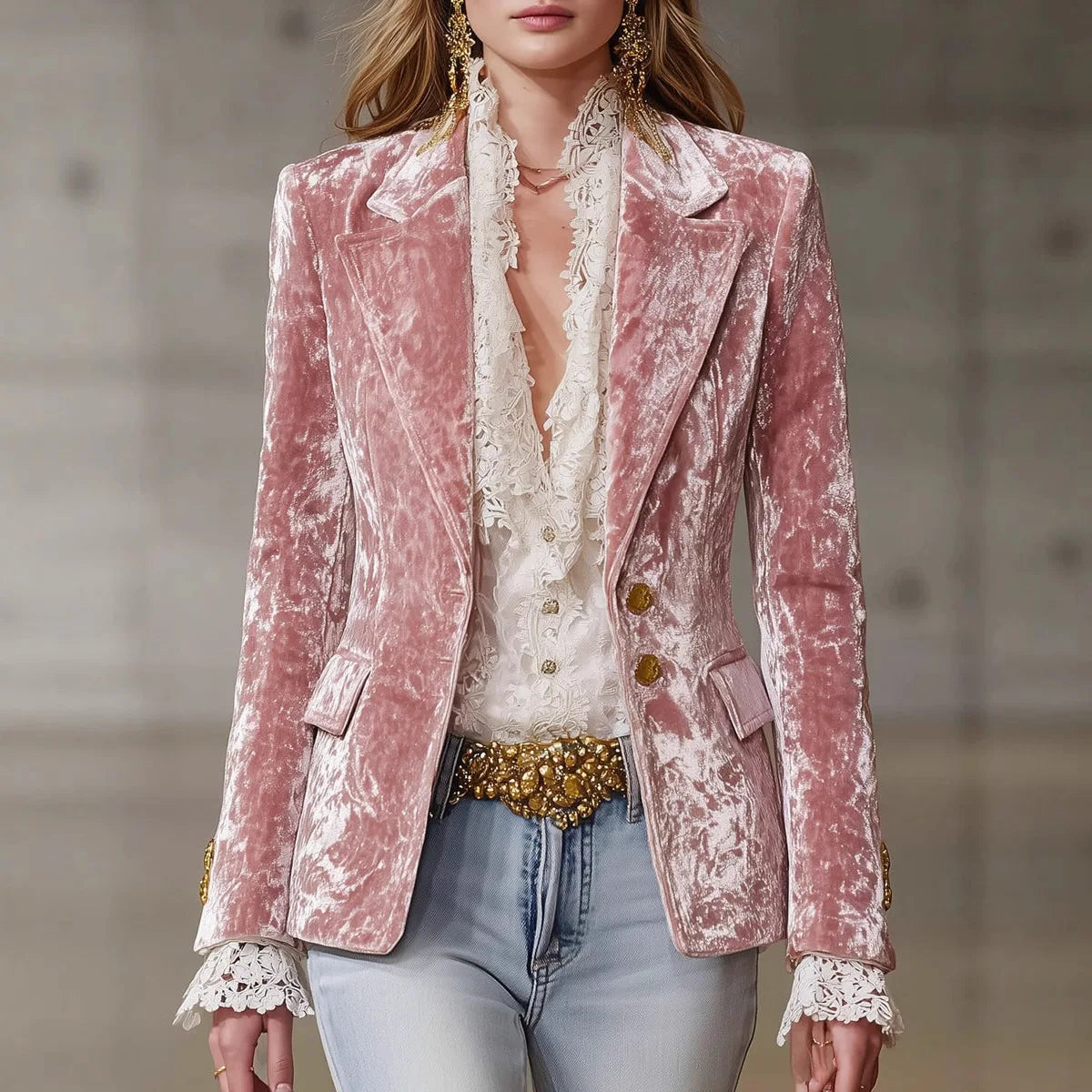 Women's Pink Velvet Single-Button Blazer