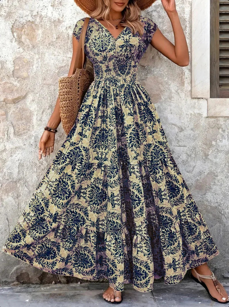 Vintage Floral Maxi Dress - V Neck Summer Dress