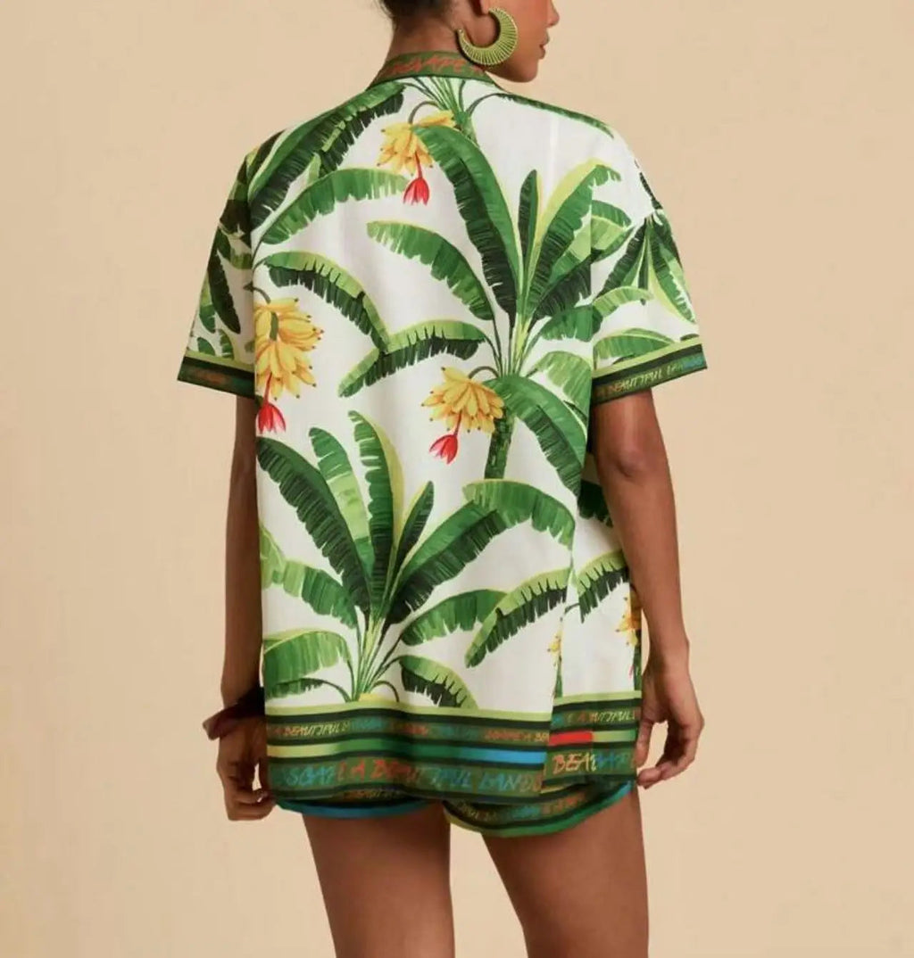 Casual Printed Cardigan Short-sleeved Top Shorts Two-piece Set LADYLYS