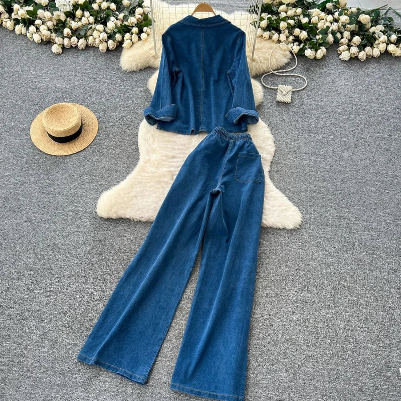 Women's Vintage Denim Shirt and Straight-Leg Jeans Set