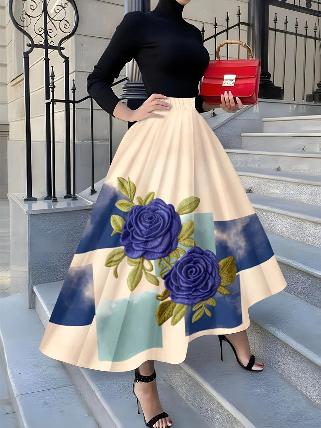 Elegant Women Midi Skirt with Rose Embroidery and Floral Print LADYLYS