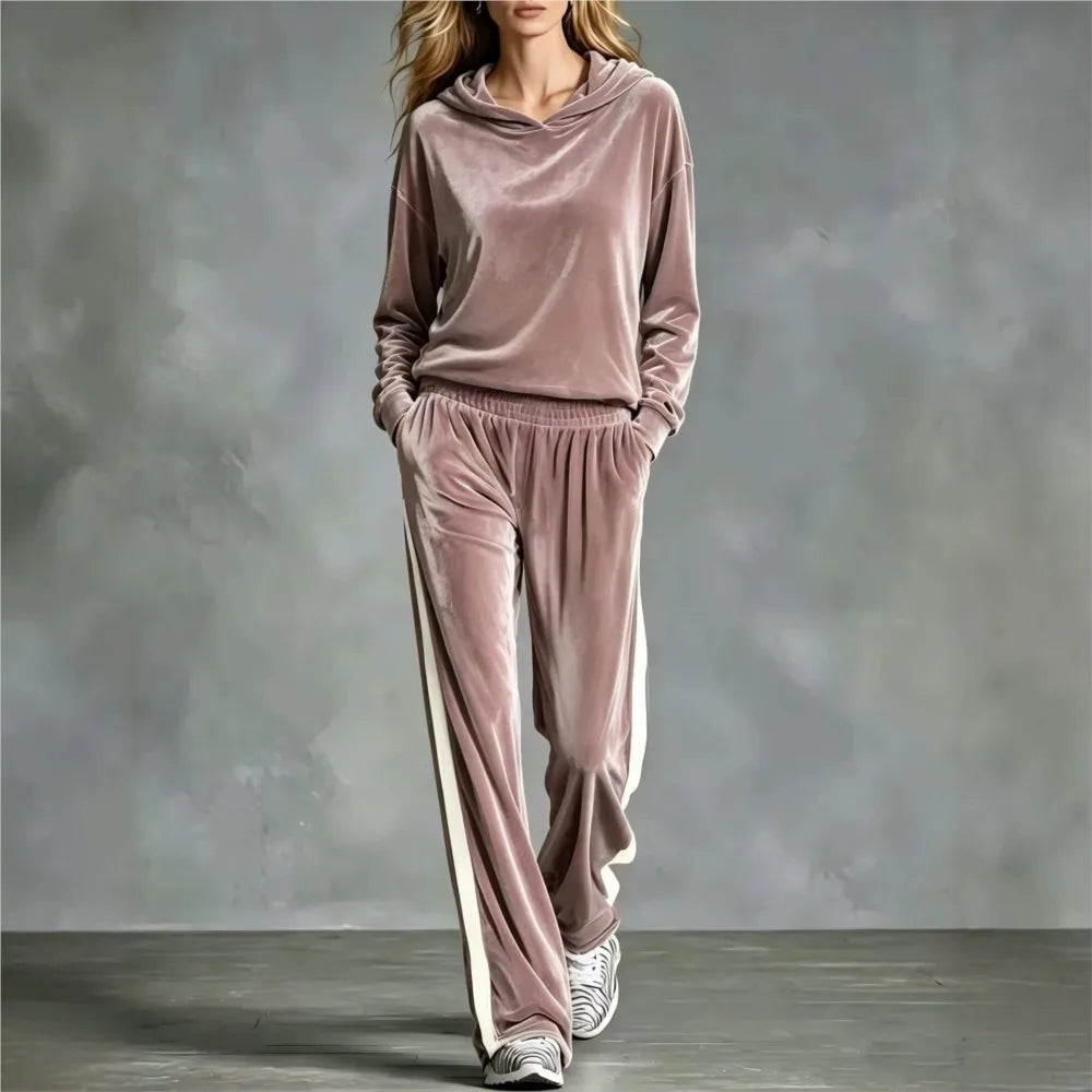Women's 2-Piece Hooded Sweatshirt & Trouser Set – Patchwork, Casual Loose Fit