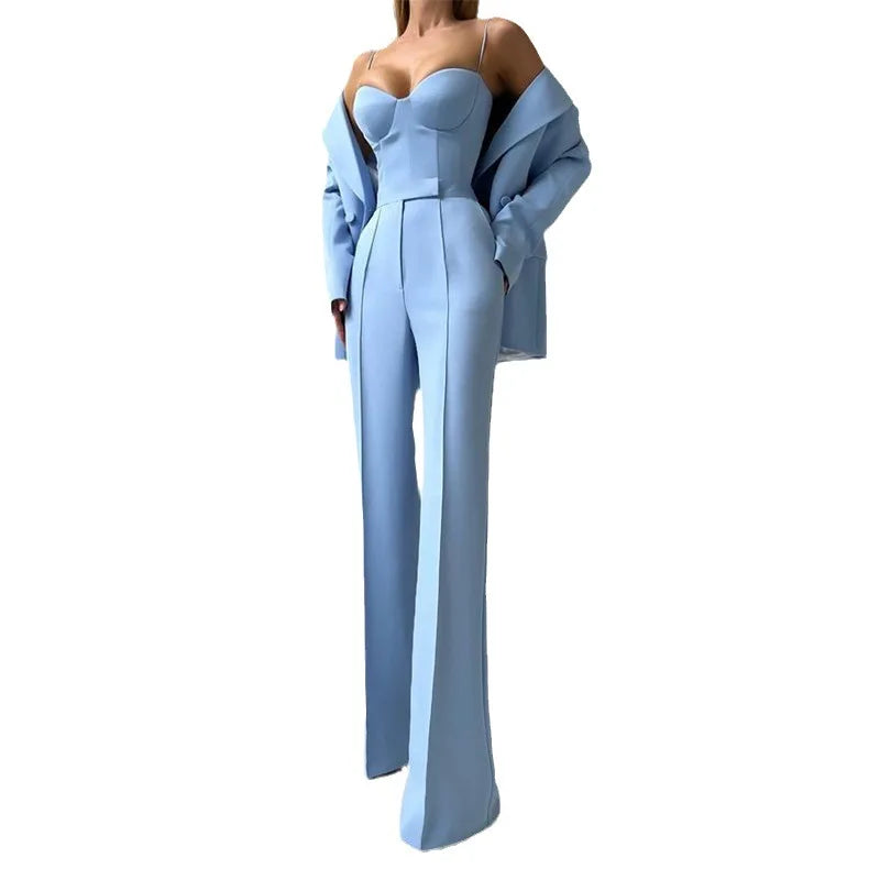 New Light Blue Emerald Violet Color Options Strapless Top Flare Pants Blazer Suit Temperament Commute Three Piece Women Outfit LADYLYS