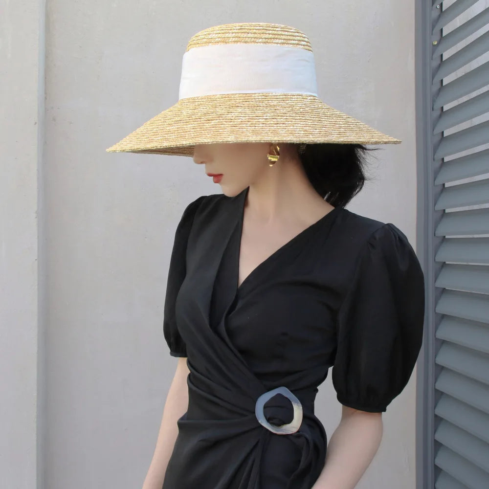 Red edging 2026 Sun Hats Hepburn hat Shiny Straw Hat European American  Braided Female Sunshade  chapeau femme LADYLYS