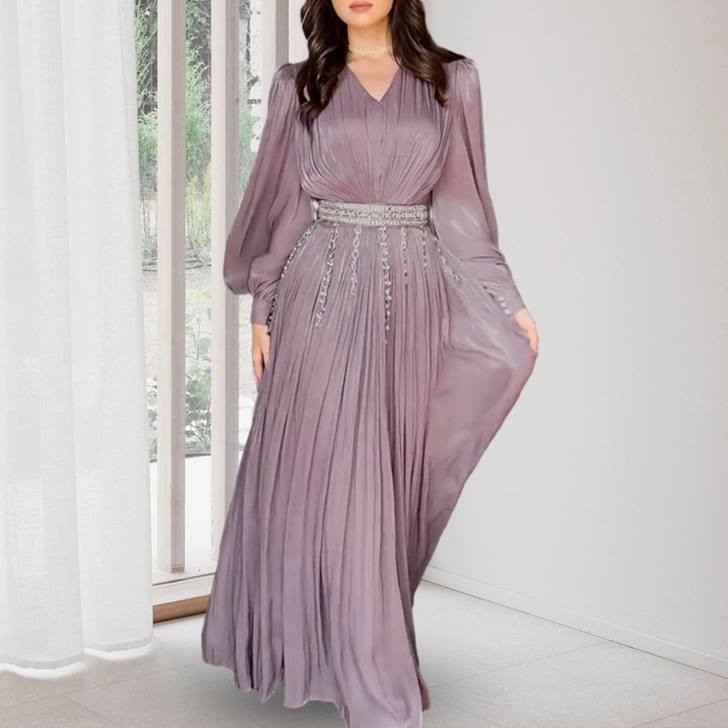 Fashion Clock Long Sleeve Chiffon Straight Long Maxi Robe Dress Vintage LADYLYS