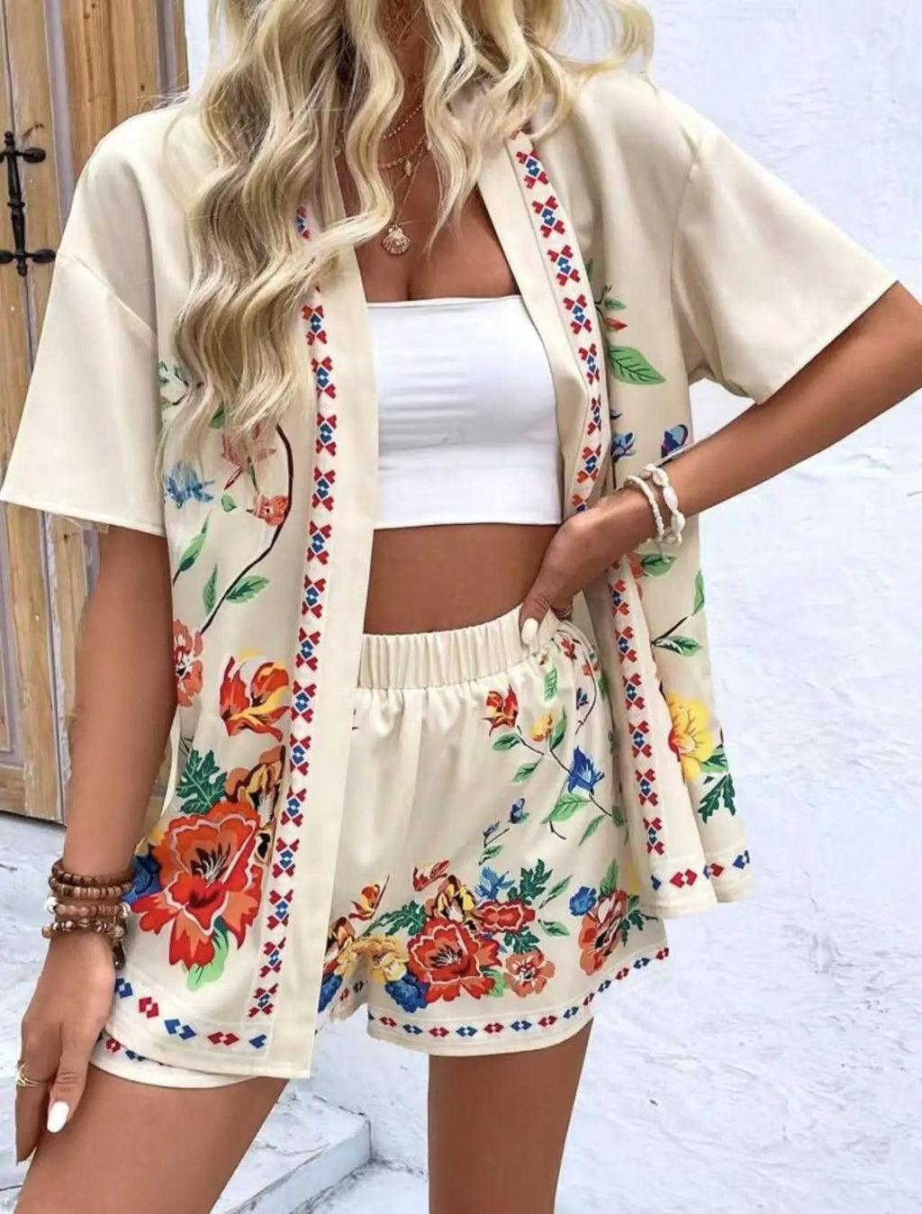 Casual Printed Cardigan Short-sleeved Top Shorts Two-piece Set LADYLYS