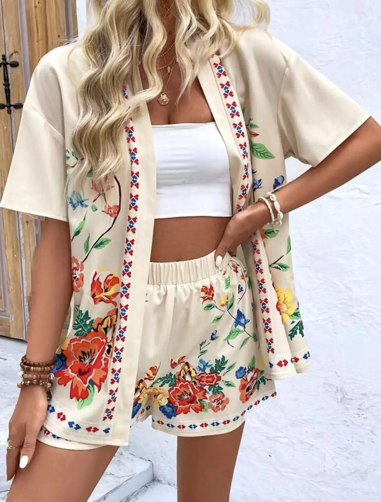 Casual Printed Cardigan Short-sleeved Top Shorts Two-piece Set LADYLYS