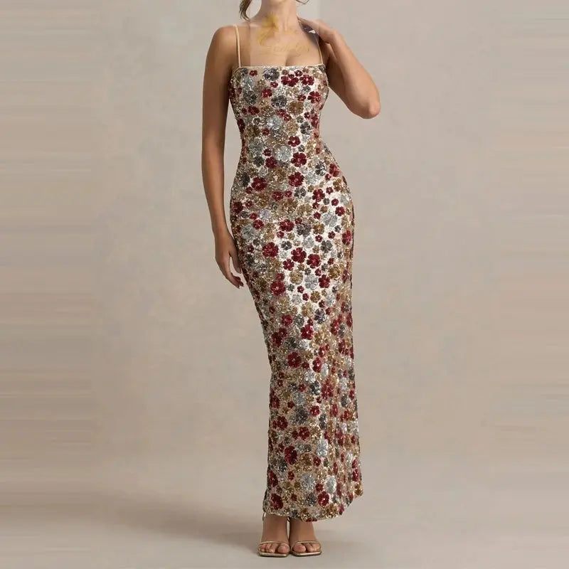 Elegant Flower Sequin Slim Suspender Sexy Long Dress LADYLYS
