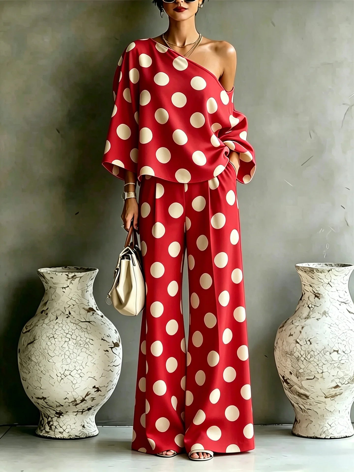 Summer New Color Wave Point Set Women Slant Shoulder Open Back Top+High Waist Wide Leg Pants Vacation Style Loose 2 Piece Suit LADYLYS