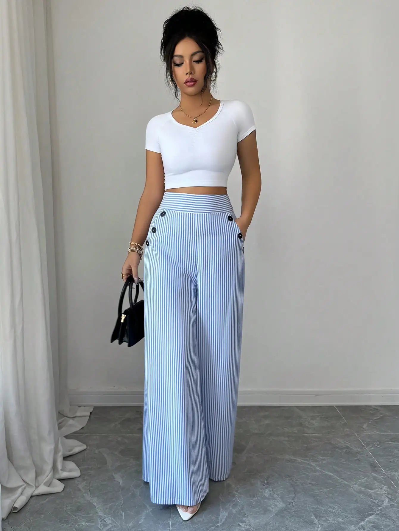 Women's Striped High-Waist Wide-Leg Pants