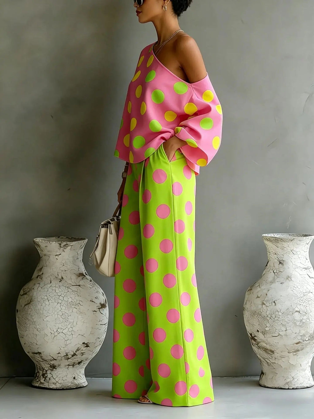 Summer New Color Wave Point Set Women Slant Shoulder Open Back Top+High Waist Wide Leg Pants Vacation Style Loose 2 Piece Suit LADYLYS