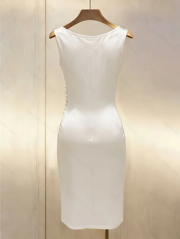 Fashion Summer Dresses for Women Elegant Sleeveless Women Dress White Slim Folds Dress Women Vestidos De Verano Mujer LADYLYS