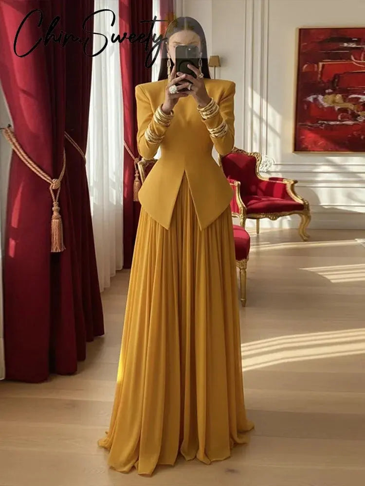Elegant Solid Women's Blazer Suit Split Coats Chiffon Skirt Lady Set LADYLYS