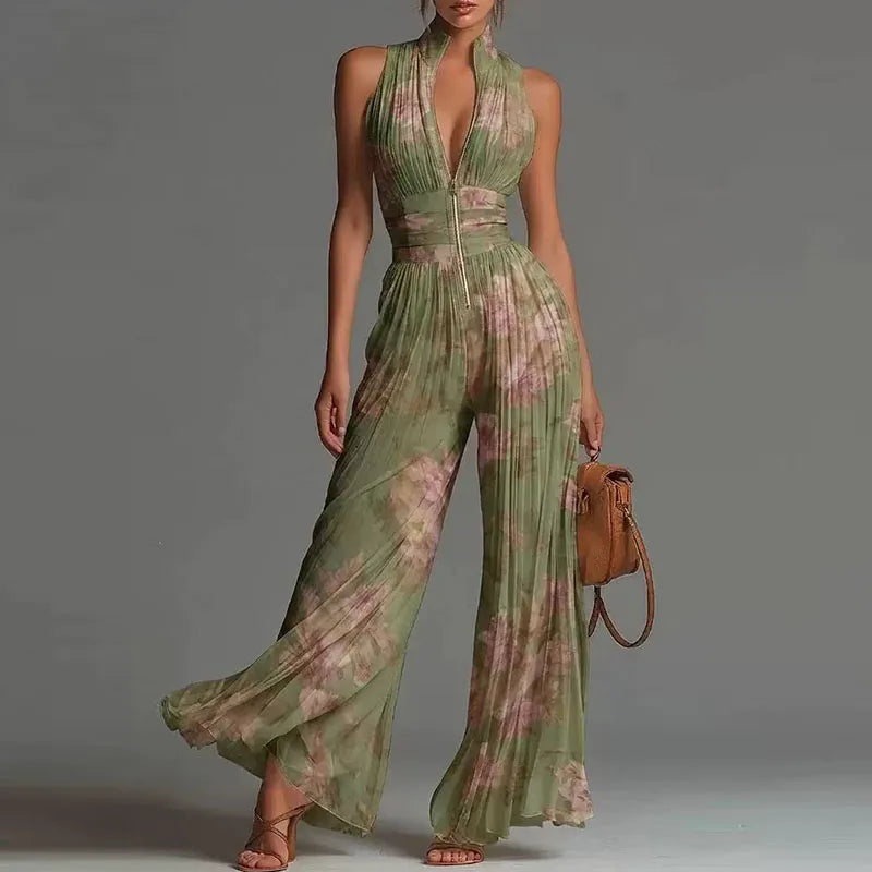 Elegant Chiffon Sleeveless Jumpsuit High Waist Pleated Flowy Wide Leg LADYLYS