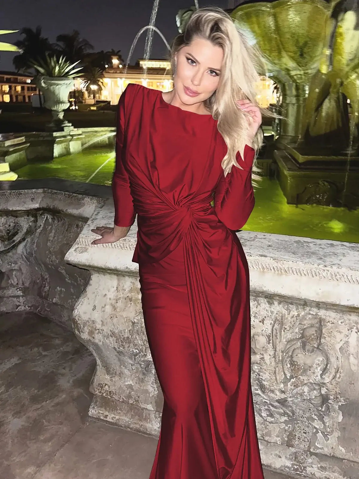 Ruched Bodycon Maxi Dress with Long Sleeves and Fishtail Hem