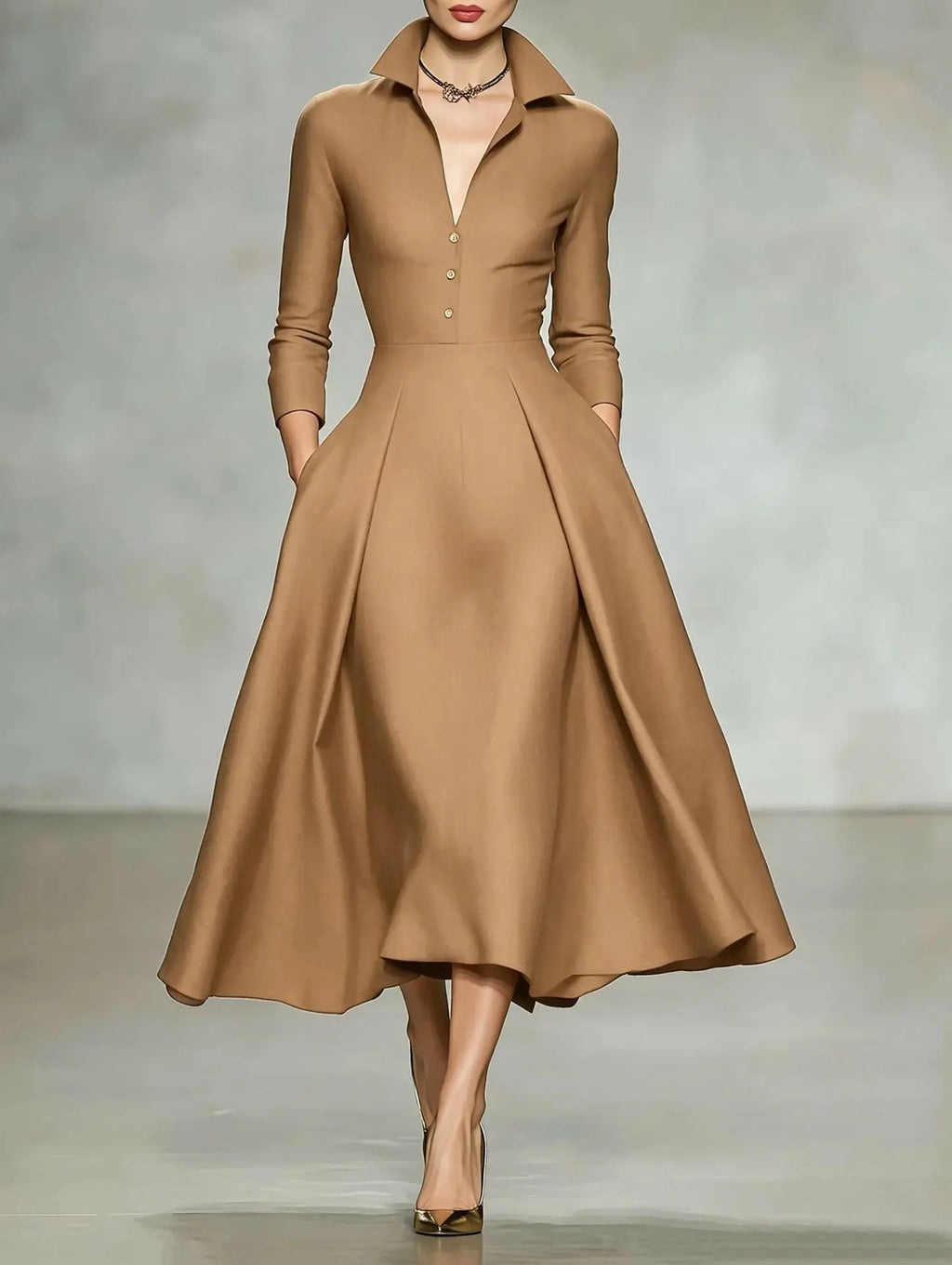 Women's Elegant V-Neck Long Sleeve Shirt Dress with Cinched Waist and Flared Skirt