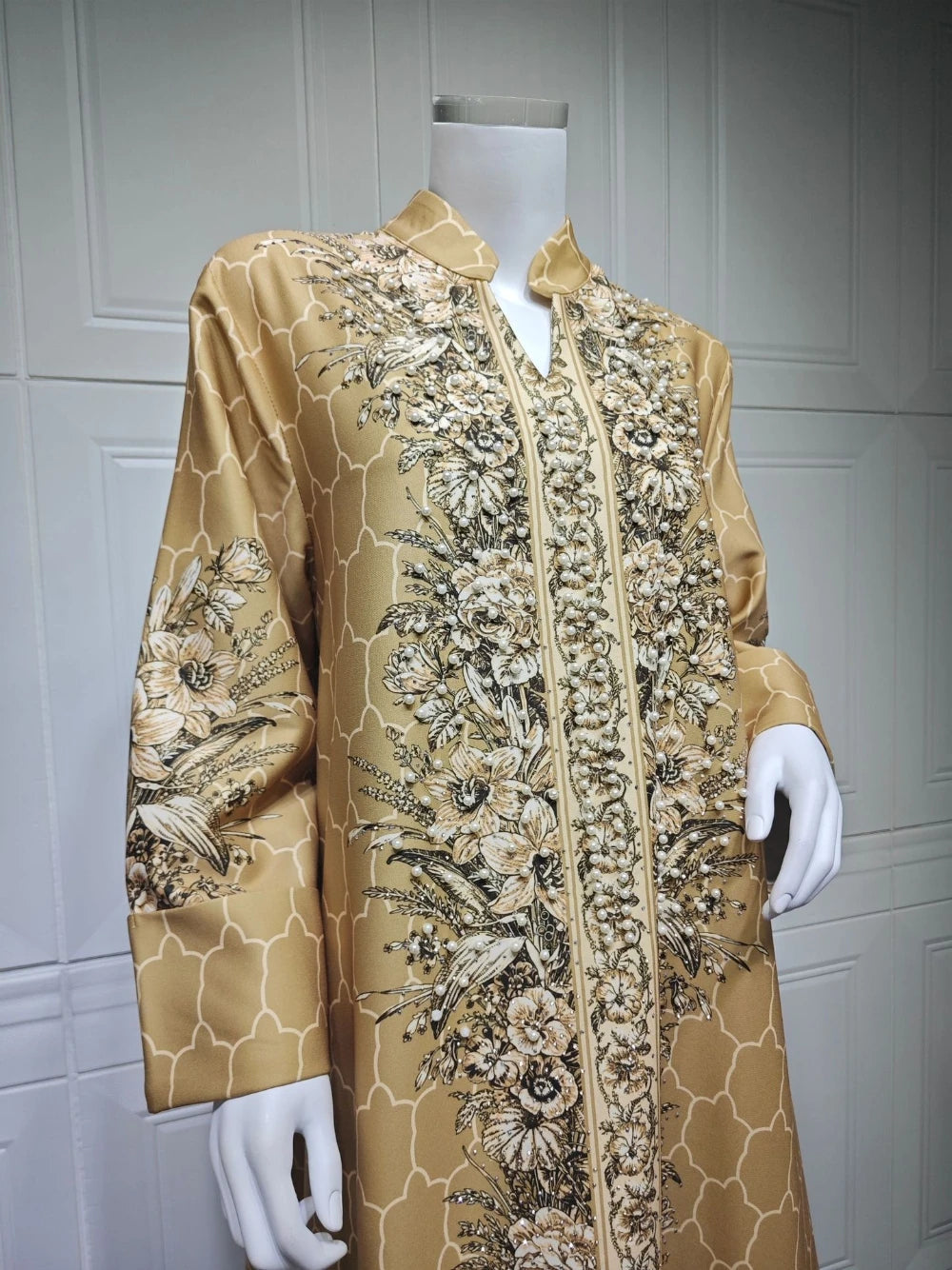 Floral Printing Unique Arabic Evening Dress, Charming Pearls Long Sleeves Cocktail Gown LADYLYS