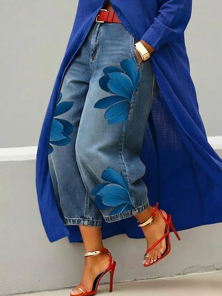 Women's Chic Printed Patchwork Straight Trousers | Loose Office Casual Pants
