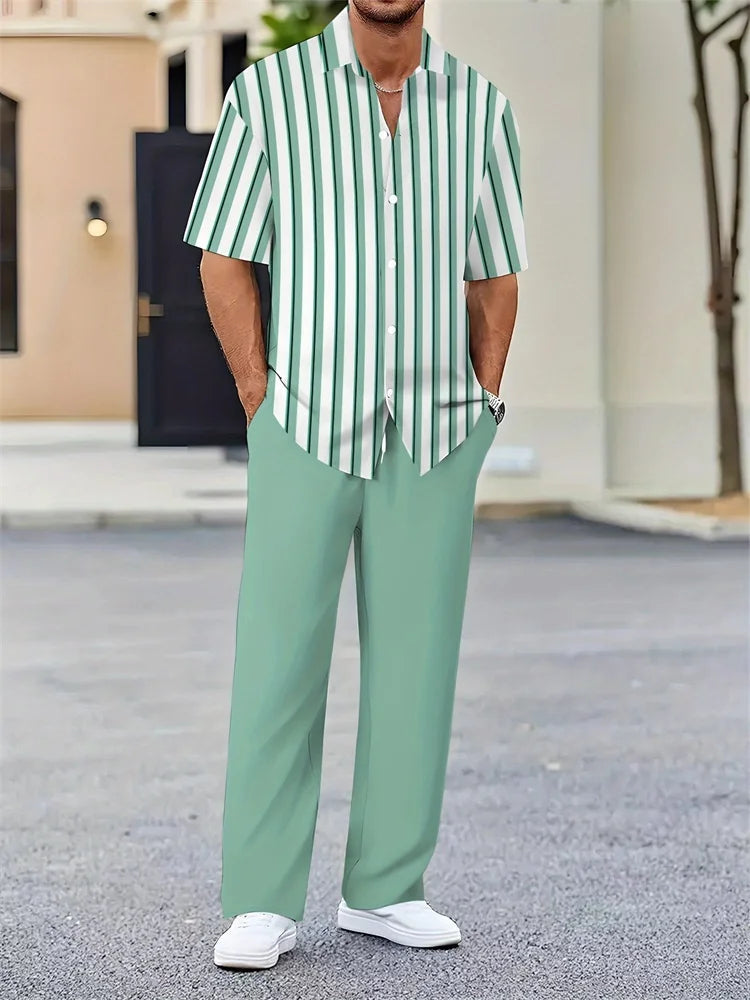 Striped 3D Printed Men's Autumn Shirt Set Trendy And Fashionable LADYLYS