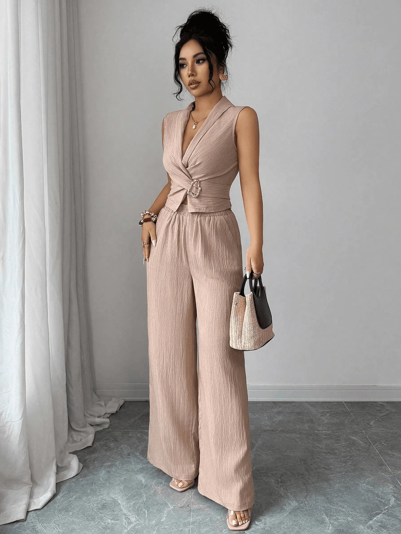 2 Piece Outfits Summer Sleeveless Wrap V Neck Crop Top Wide Leg Pants LADYLYS