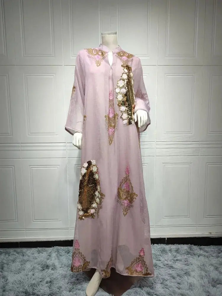 Morocco Dress for Women Muslim Abaya India Stand Collar Abayas Enbroidery Sequins LADYLYS
