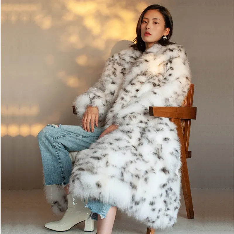 Women's Long Leopard-Print Fur-Look Winter Coat