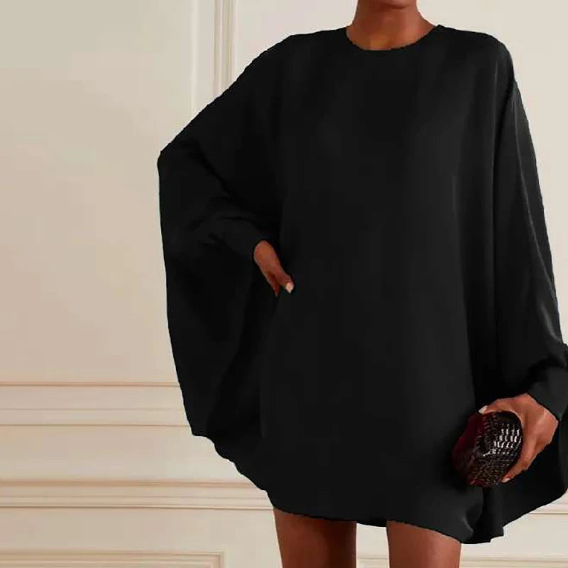 Batwing Sleeve Mini Dress – Turtleneck Loose Fit Patchwork | Casual Holiday & Party