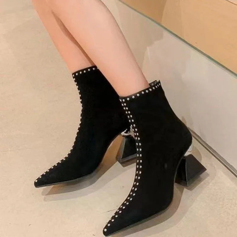 Women's Pointed Toe Ankle Boots – 7cm Square Heel, French Style Winter Boots