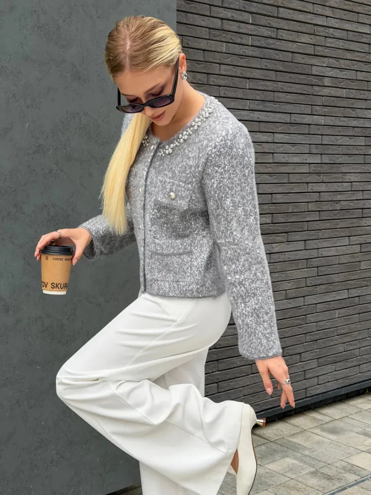 Women's Grey Knit Cardigan with Faux Fur Collar and Pearl Trim