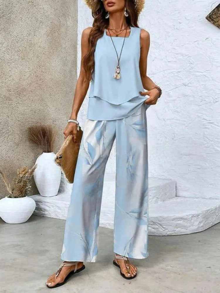 Summer Print Women Two Piece Set Fashion Top Sleevelss Elegant Suits LADYLYS