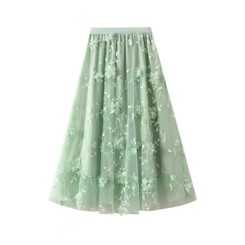 High Waist Slim Long Skirt High Quality Embroidery Sweet 3D Flowers Mesh Tulle LADYLYS