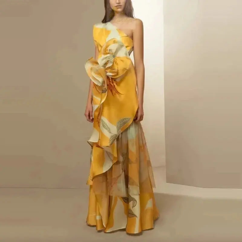 Floral Print Dress Ladies Elegant Diagonal Collar Long Dress LADYLYS